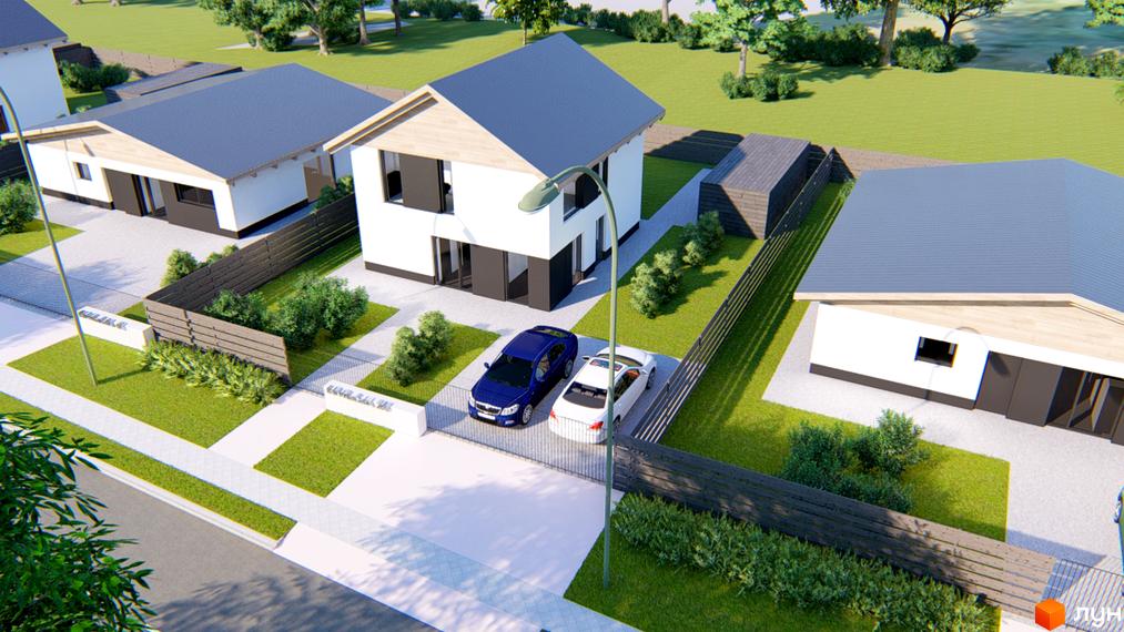 КМ Заміський: три сучасні будинки з сірими дахами та білими фасадами, прибудинкова територія з зеленими газонами та парканом.