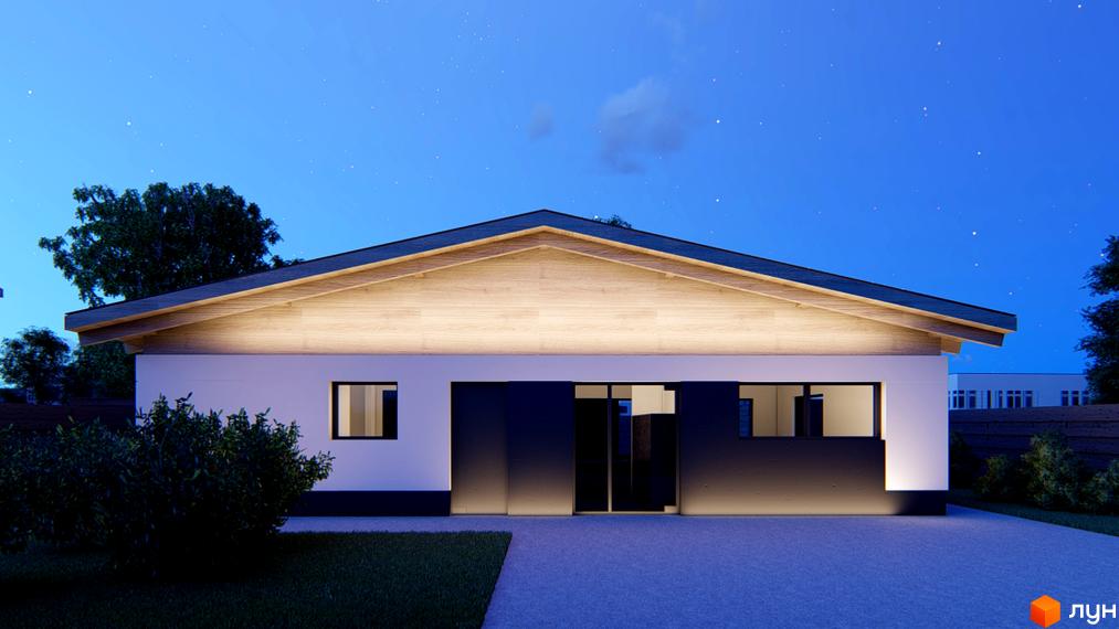 Котеджне містечко Заміський: одноповерховий будинок з великими темними вікнами та розсувними дверима, освітлений ввечері. Навколо будинку зелена трава та кущі.