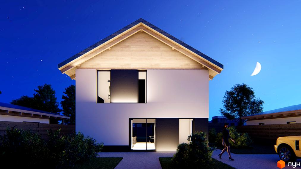 Котеджне містечко КМ Заміський. Фасад будинку з великими вікнами та освітленням вночі, поруч доглянутий двір з деревами та автомобілем.