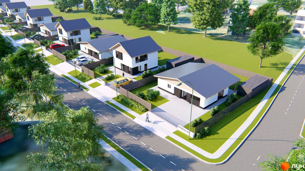 Котеджне містечко Заміський: білі будинки з темними дахами та прибудинкова територія з доглянутими газонами та парканами. Затишна вулиця з тротуаром та зеленими деревами.