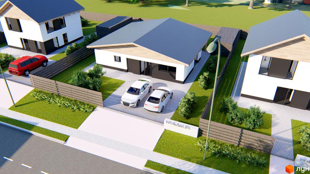 Котеджне містечко КМ Заміський: білі будинки з сірими дахами, два білих авто на подвір'ї, червоний позашляховик, зелена ділянка з кущами та парканом.