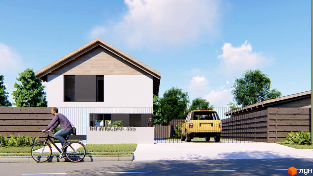 Котеджне містечко КМ Заміський: двоповерховий будинок з дерев'яними елементами та жовтий позашляховик на подвір'ї з парканом.