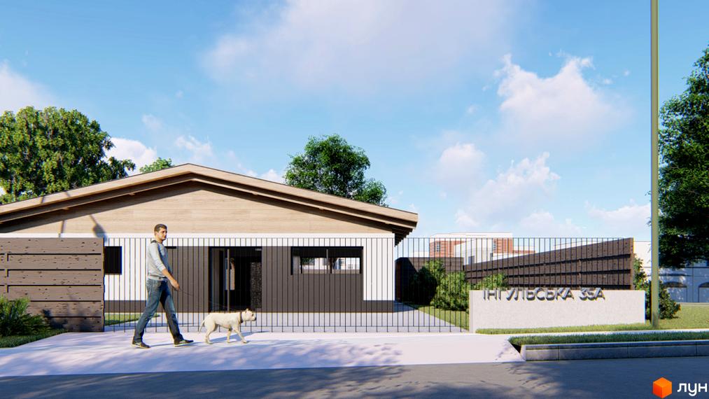 Котеджне містечко КМ Заміський: одноповерхові будинки з дерев'яним фасадом та парканом. Прибудинкова територія з зеленими насадженнями та пішохідною доріжкою.