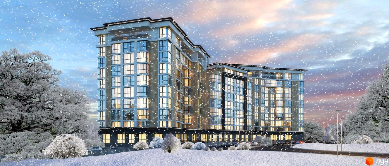 Зимовий краєвид Житлового комплексу Оселя Парк. Багатоповерховий будинок з великими вікнами, навколо сніг та дерева.