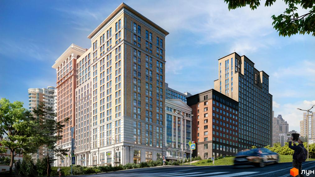 Житловий комплекс Stanford. Високоповерхові будинки з фасадами з цегли та світлого каменю. На території комплексу є зелені насадження та дорога.