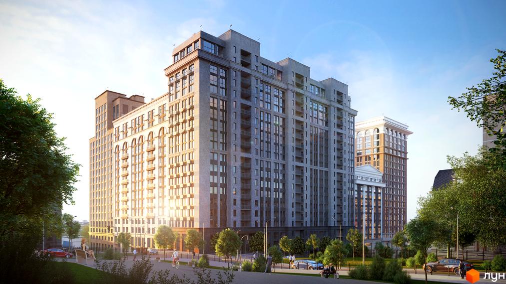 Зображення фасаду Житлового комплексу Stanford. На фото видно багатоповерховий будинок та прибудинкову територію.