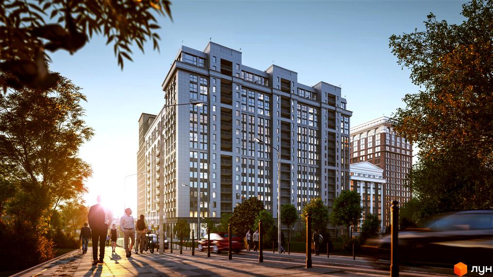 Житловий комплекс Stanford. Висотна будівля з великою кількістю вікон та балконів. На передньому плані тротуар з людьми та автомобілями.