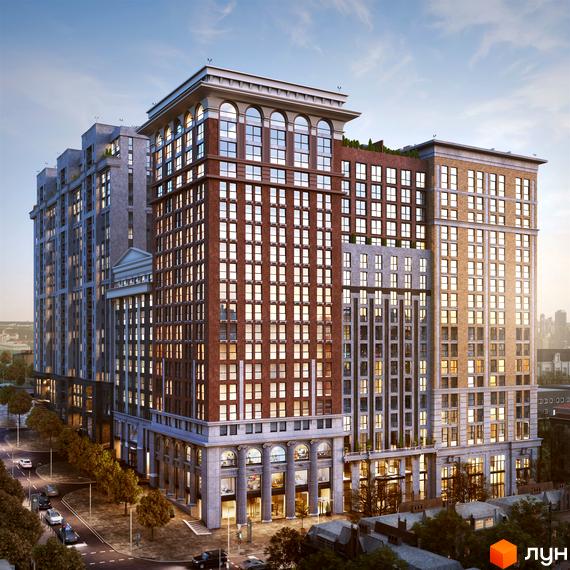 Житловий комплекс Stanford. Висотна будівля з цегляним фасадом та великою кількістю вікон. На прибудинковій території висаджені дерева, є проїжджа частина та тротуари.