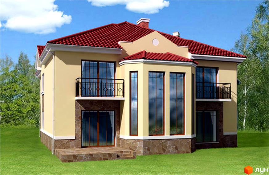 Будинок житлового комплексу КМ Марін Віллас з червоною покрівлею та великими вікнами, оточений зеленим газоном.