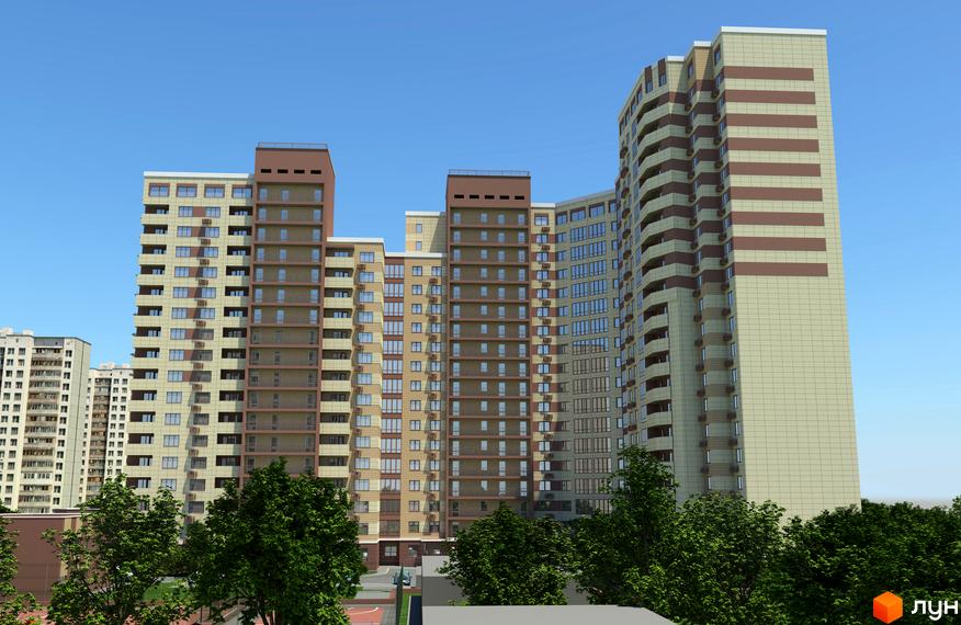Житловий комплекс Островського, 40 - багатоповерхові будинки з коричневими та світло-бежевими фасадами, балконами та великими вікнами. На передньому плані зелені дерева.