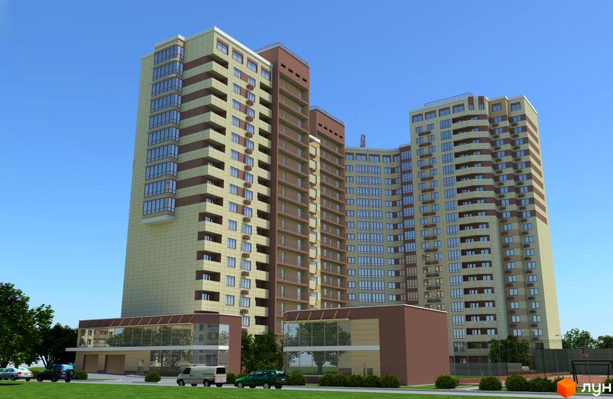 Зовнішній вигляд житлового комплексу Островського, 40, з високими будівлями та скляними фасадами. На прибудинковій території розташовані дерева та зелені насадження.