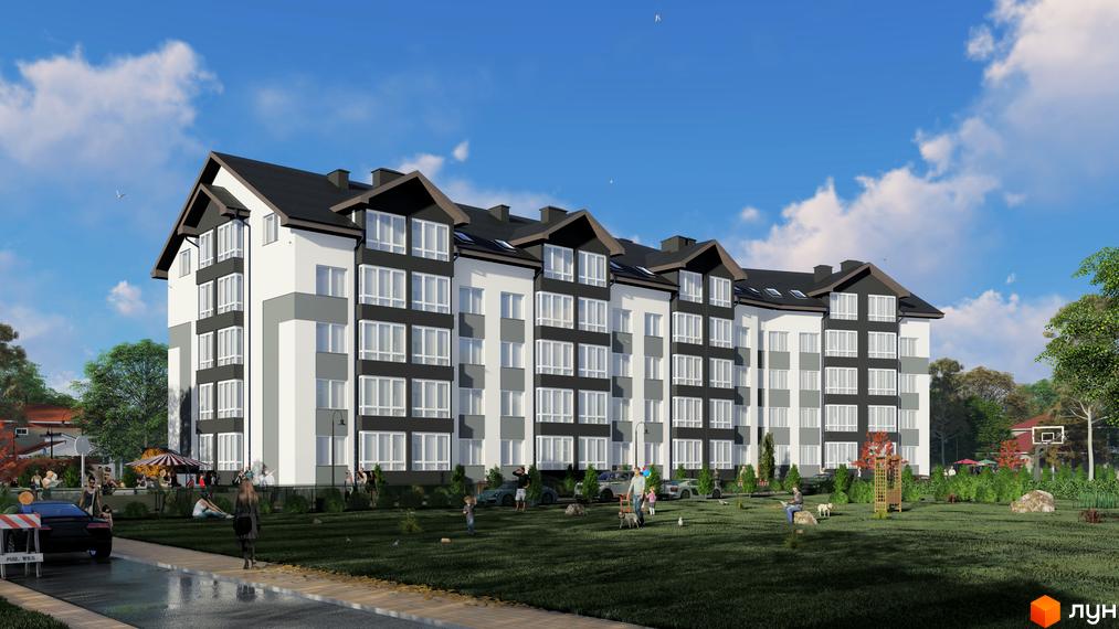 Зовнішній вигляд багатоквартирного будинку ЖК Антрацит з великою кількістю вікон та прибудинковою територією з місцями для відпочинку та дитячим майданчиком.