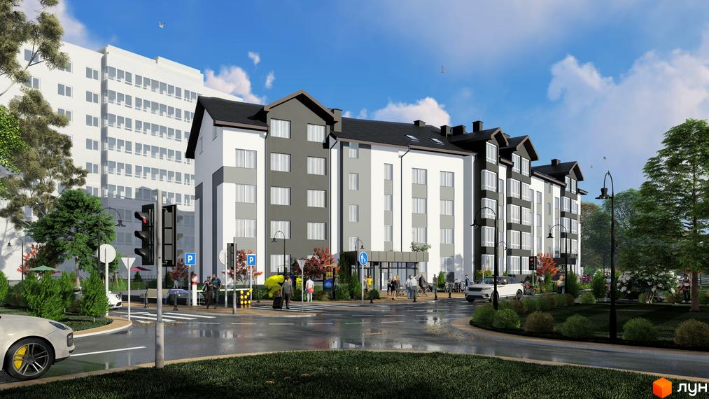 Новобудова ЖК Антрацит з біло-сірими фасадами та чорним дахом. Навколо будинку зелені насадження, дерева та доглянута прибудинкова територія.