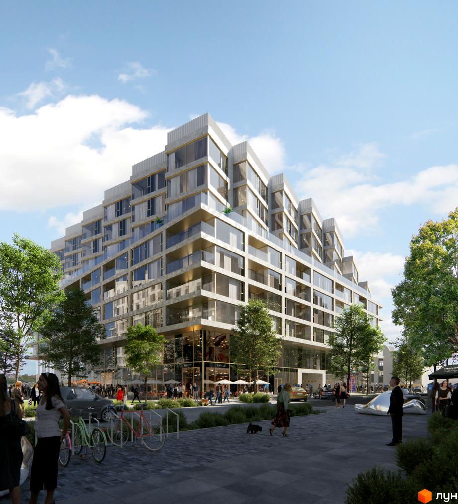 Житловий район Rybalsky: багатоповерховий будинок зі ступінчастим фасадом та скляними балконами. Навколо озеленена територія з пішохідними доріжками та людьми.