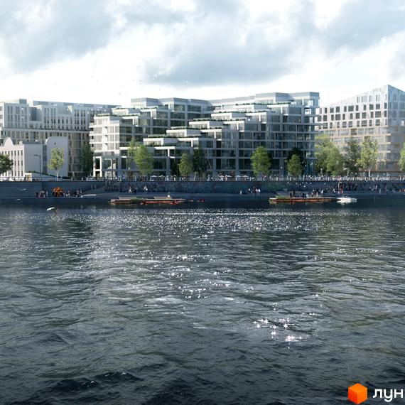 Багатоповерхові будинки Житлового району Rybalsky з терасами та великими вікнами розташовані на березі річки з набережною, де прогулюються люди.