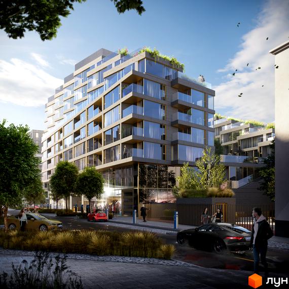 Багатоповерховий будинок Житлового району Rybalsky з великими вікнами та скляними балконами. Навколо будинку дорога, зелені насадження та пішохідні зони.