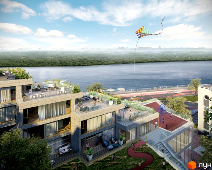 Сучасний житловий комплекс Rybalsky з терасами та зеленими зонами біля річки. На території є дитячий майданчик та місця для відпочинку.