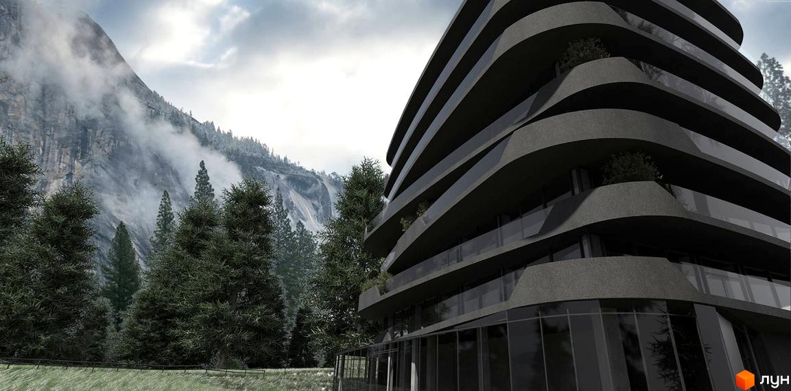 Апарт-комплекс Resort Medical Park з вигнутими фасадами та скляними балконами на тлі гірського пейзажу з хмарами та ялинами.
