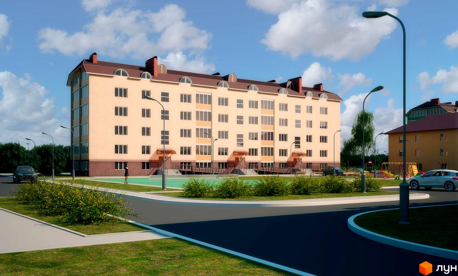 Житловий комплекс Садовий. Зовнішній вигляд багатоповерхового будинку з червоним дахом та численними вікнами. Прибудинкова територія з зеленими насадженнями, дитячим майданчиком та дорогою.