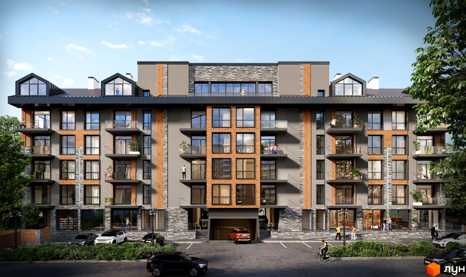 Новобудова Royal Residence з фасадом з каменю та дерева, балконами та панорамними вікнами. На прибудинковій території розташовані парковка та зелені насадження.