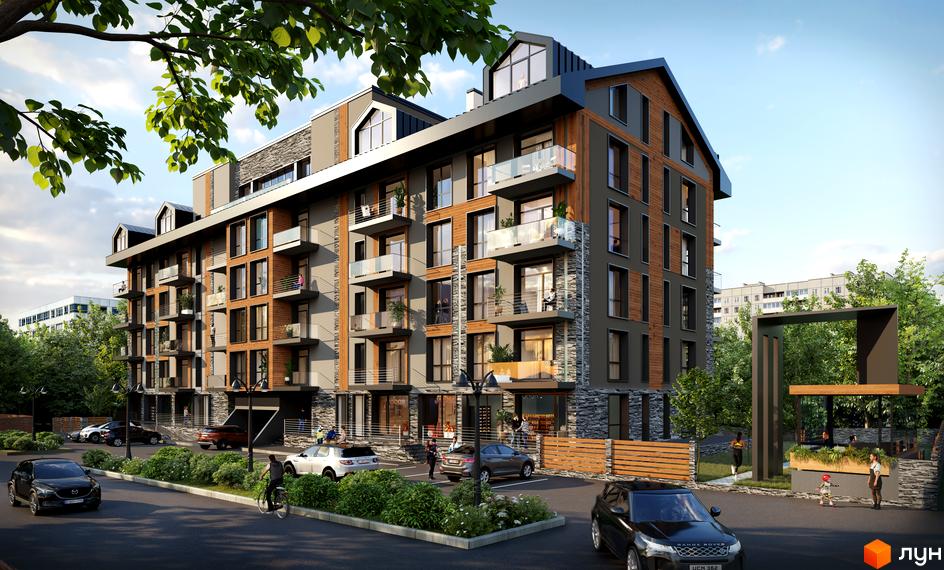Зовнішній вигляд житлового комплексу Royal Residence з дерев'яними та кам'яними елементами, балконами та прибудинковою територією з деревами та парковкою.