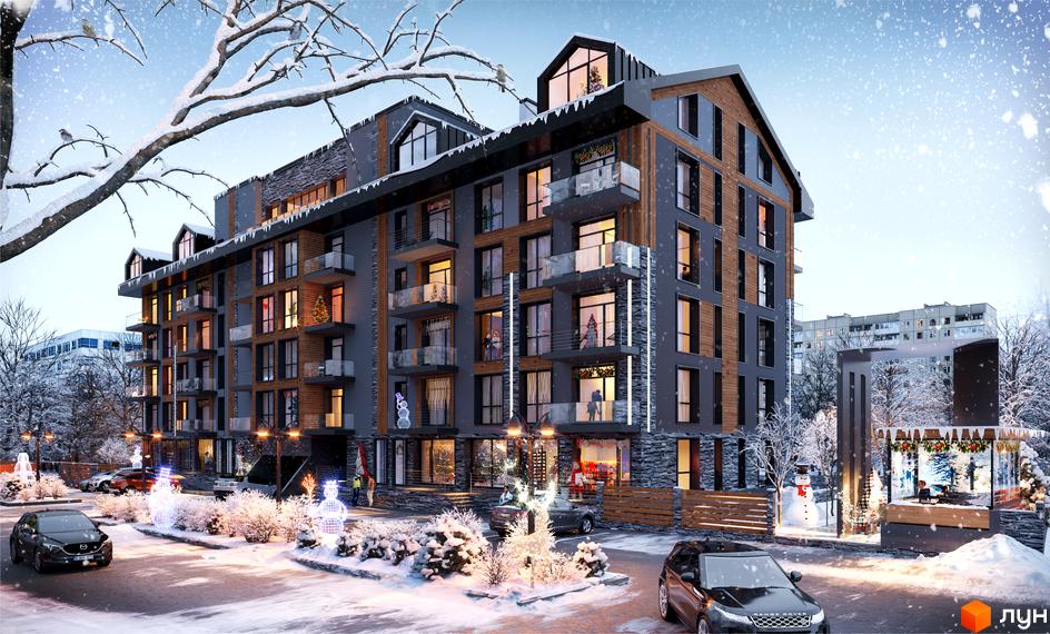 Зовнішній вигляд житлового комплексу Royal Residence взимку з засніженими деревами та святковими прикрасами. Територія комплексу прикрашена сніговиками та гірляндами.