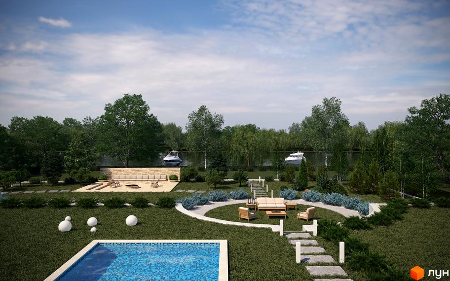 Котеджне містечко River Garden з басейном та зоною відпочинку біля води. На території розташовані сучасні човни та зелені насадження.