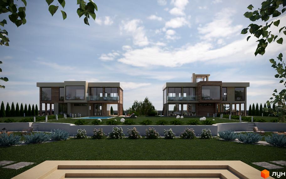 Котеджне містечко КМ River Garden: двоповерхові будинки з великими вікнами та терасами, зелений газон, басейн та зони відпочинку.