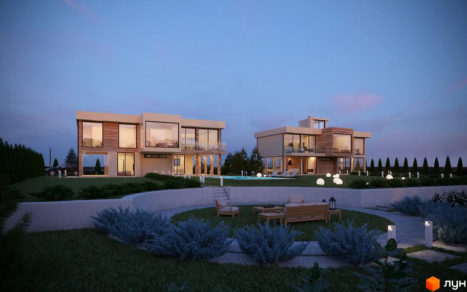 Котеджне містечко КМ River Garden з двома двоповерховими будинками, басейном та зоною відпочинку. Навколо будинків доглянута прибудинкова територія з газоном та кущами.