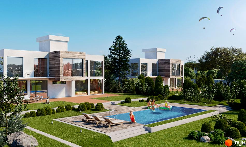 Котеджне містечко River Garden з басейном та зоною відпочинку. На території комплексу зелені насадження та зони для дозвілля.