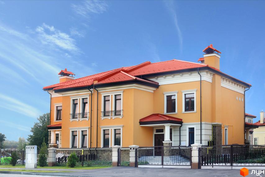 Котеджне містечко Italian Quarter – двоповерховий будинок з оранжевим фасадом та червоним дахом. Перед будинком огороджена територія з парканом та зеленими насадженнями.