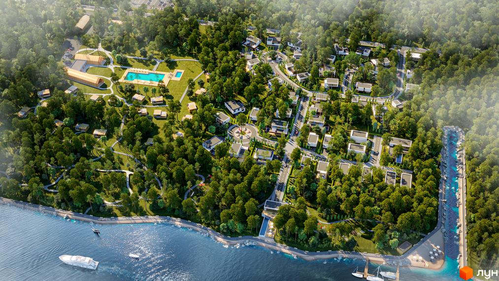 Котеджне містечко SHELEST.home з сучасними будинками серед лісу та біля води. Територія комплексу має басейн, зони відпочинку та доглянуті доріжки.