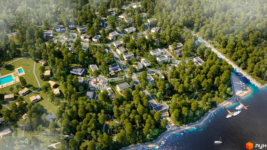 Котеджне містечко SHELEST.home - аерофотозйомка житлових будинків серед лісу з басейном та виходом до води.