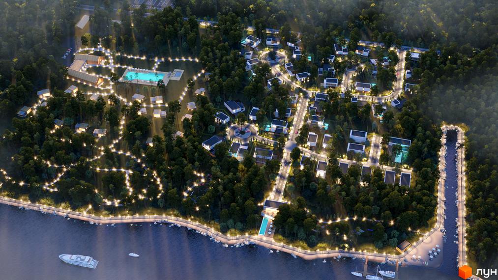 Котеджне містечко SHELEST.home з сучасними будинками, розташоване серед лісу біля води, з освітленими доріжками та басейном.