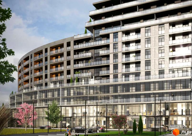 Зовнішній вигляд новобудови Crystal з вигнутим фасадом та скляними балконами, що доповнюється зеленою прибудинковою територією та квітучими деревами.