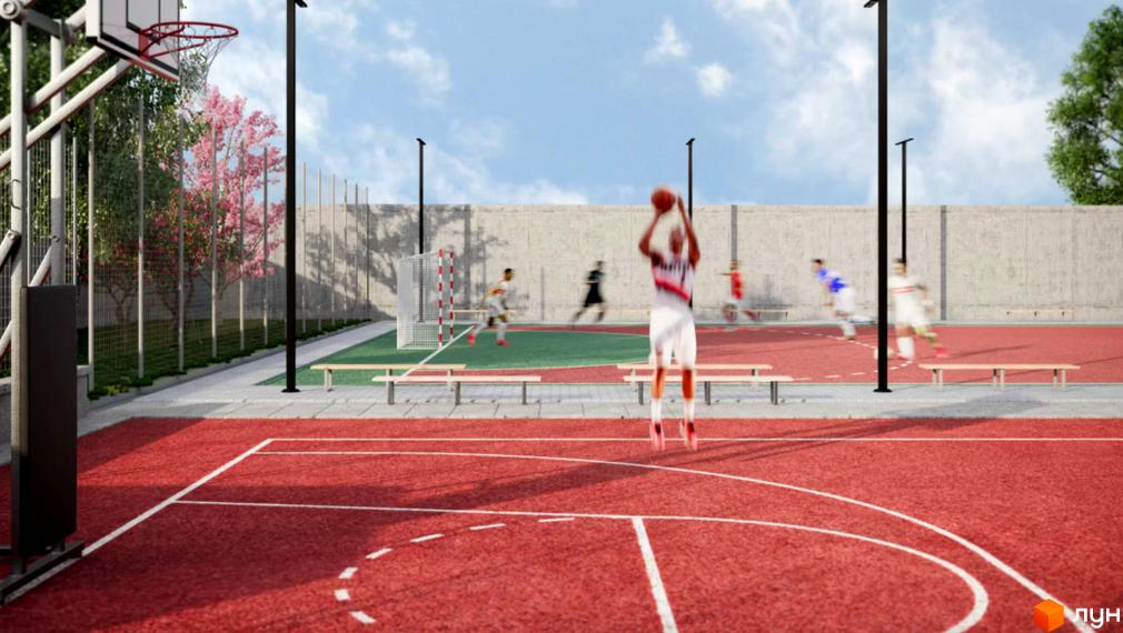 Житловий комплекс Crystal: баскетбольний майданчик та футбольне поле з гравцями. На території комплексу розташовані лавки та освітлення.