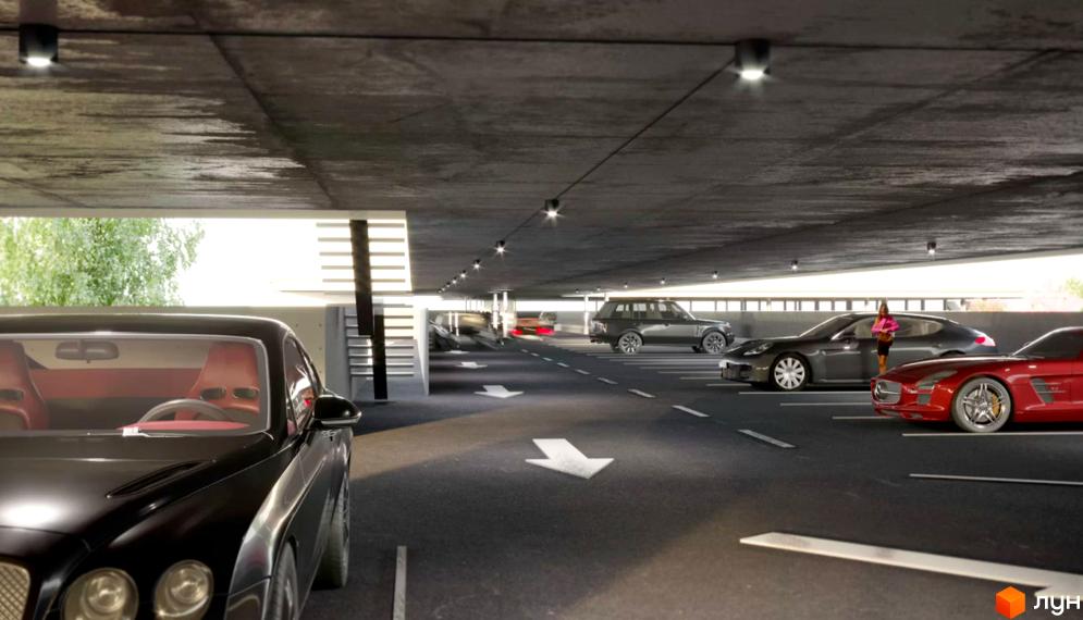 Паркінг житлового комплексу Crystal з автомобілями та освітленням. Сучасний паркінг для мешканців ЖК Crystal.