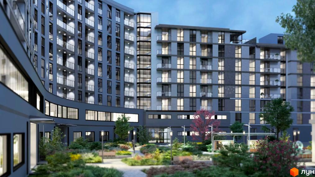 Житловий комплекс Crystal з вигнутим фасадом та скляними балконами, оточений доглянутим ландшафтним парком з деревами та кущами.