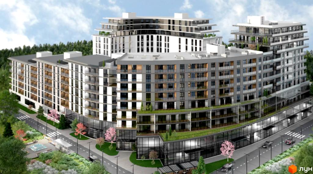 Зовнішній вигляд житлового комплексу Crystal з багатоповерховими будинками та балконами, що виходять на зелену прибудинкову територію з деревами та місцями для відпочинку.