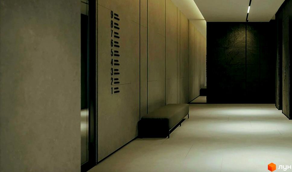Комплекс Crystal: коридор з вертикальними панелями та маркуванням поверхів. Зона для сидіння в новобудові.