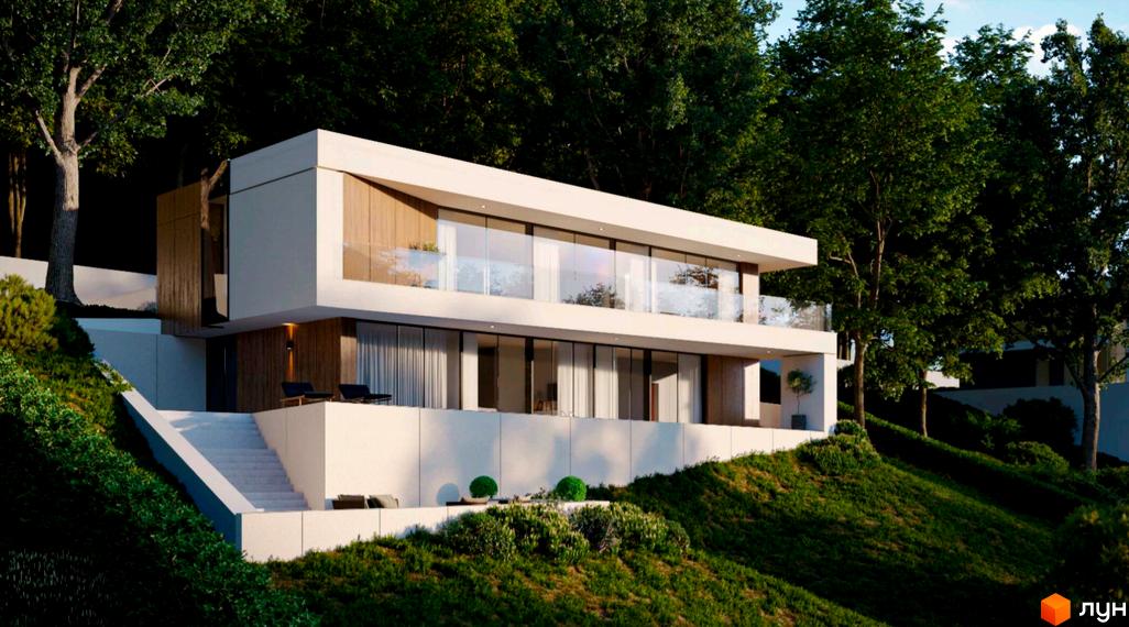 Котеджне містечко SHELEST.home - двоповерховий будинок з панорамними вікнами та дерев'яними елементами на схилі, оточений зеленню та деревами.