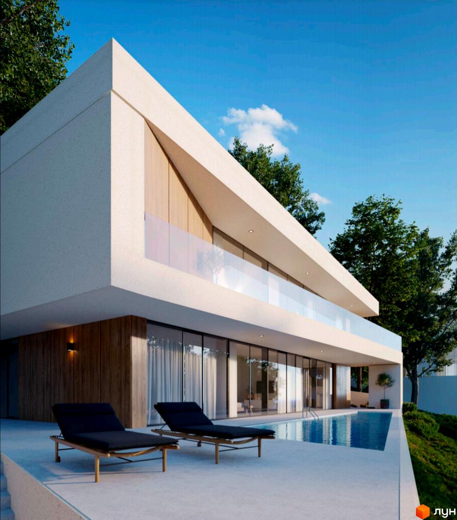 Котеджне містечко SHELEST.home з басейном та шезлонгами на терасі. Будинок має великі панорамні вікна та дерев'яні елементи фасаду.