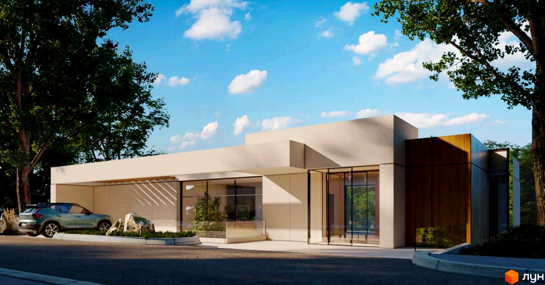 Котеджне містечко SHELEST.home: двоповерховий будинок з великими вікнами та дерев'яними елементами фасаду, прибудинкова територія з деревами та автомобілем.