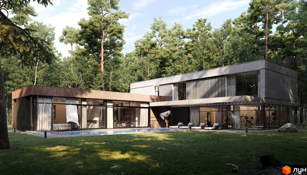 Котеджне містечко SHELEST.home з басейном та зоною відпочинку на тлі лісу. Сучасний будинок з великими вікнами та терасою.
