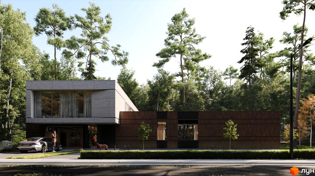 Котеджне містечко SHELEST.home: двоповерховий будинок з великими вікнами та дерев'яним оздобленням на тлі лісу. Прибудинкова територія з дорогою, газоном та деревами.