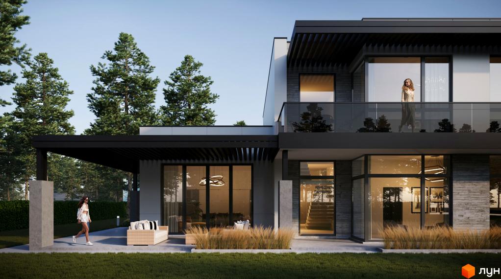 Сучасний котеджне містечко SHELEST.home з великими вікнами та терасою, оточений деревами. Біля будинку розташована зона відпочинку з диваном та травою.