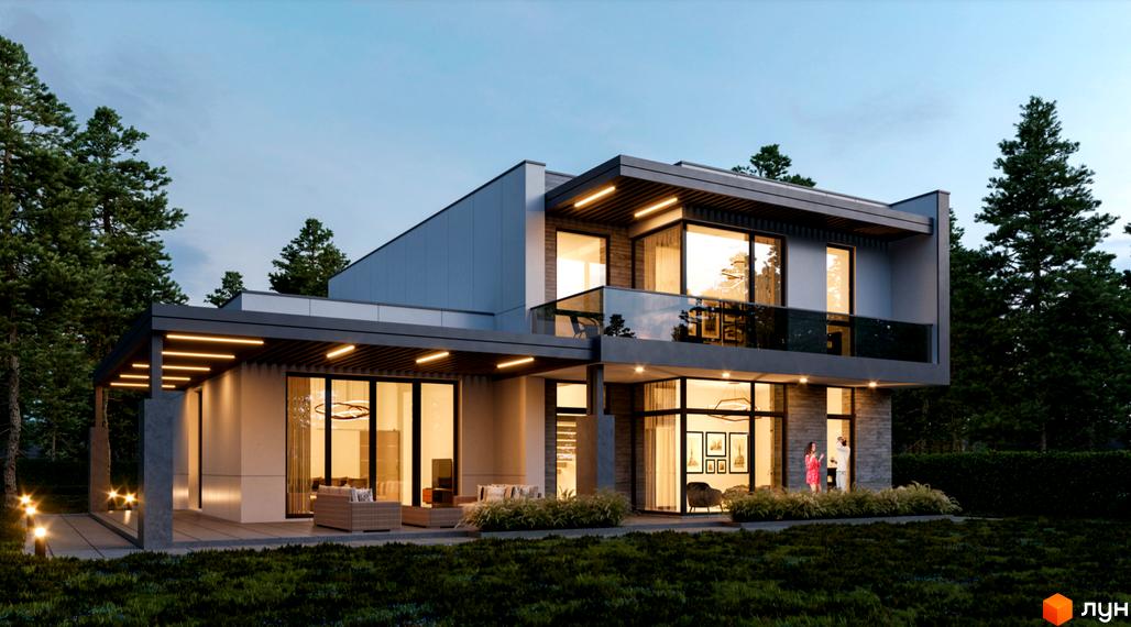 Котеджне містечко SHELEST.home: двоповерховий будинок з панорамними вікнами та терасою, оточений деревами та доглянутим газоном.