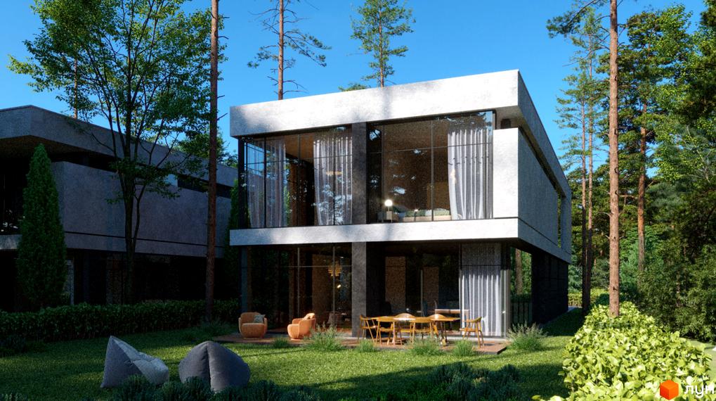 Котеджне містечко SHELEST.home: двоповерховий будинок з панорамними вікнами та терасою, оточений зеленню та деревами.