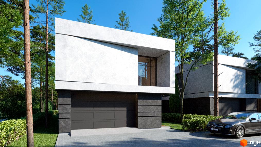 Котеджне містечко SHELEST.home: двоповерховий будинок з гаражем та панорамним вікном, оточений деревами. Прибудинкова територія з доглянутим газоном та дорогою.