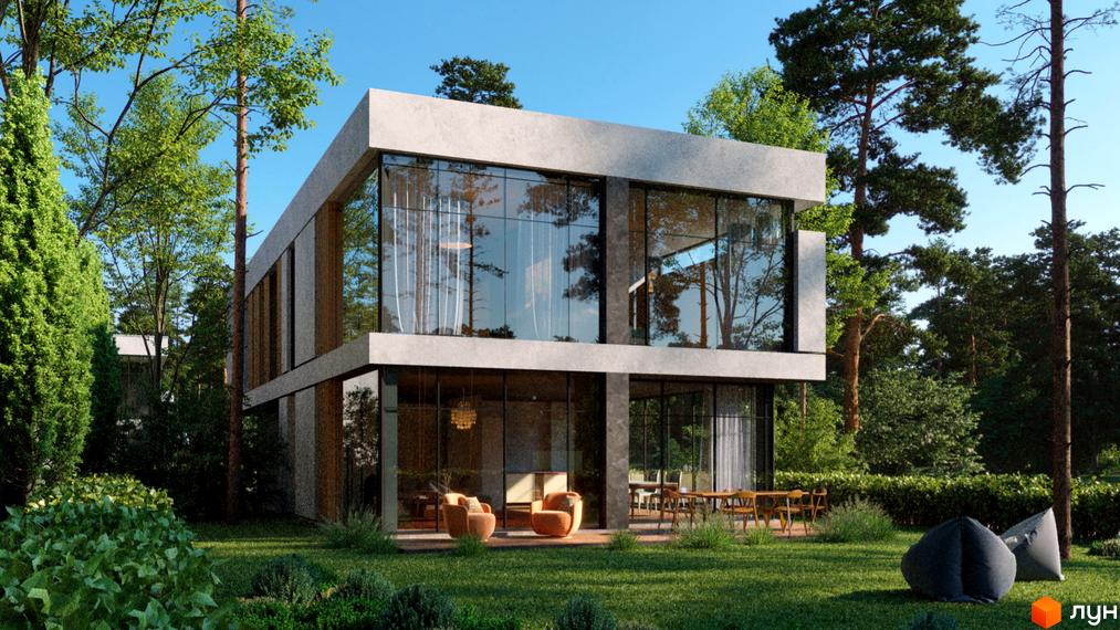 Сучасний двоповерховий будинок з великими вікнами, розташований серед дерев. Навколо будинку доглянутий зелений газон та кущі.